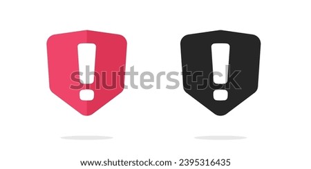 Shield exclamation alert icon vector simple silhouette graphic, safety security breach warning protection black white red symbol set pictogram, virus guard error logo image clipart, data violence sign