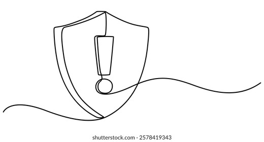 shield exclamation icon continuous one line drawing, Protection risk thin line icon, One line cyber security safety warning exclamation point. Continuous line guard attention virus alert internet. 