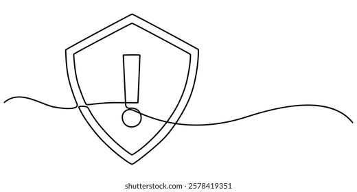 shield exclamation icon continuous one line drawing, Protection risk thin line icon, One line cyber security safety warning exclamation point. Continuous line guard attention virus alert internet. 