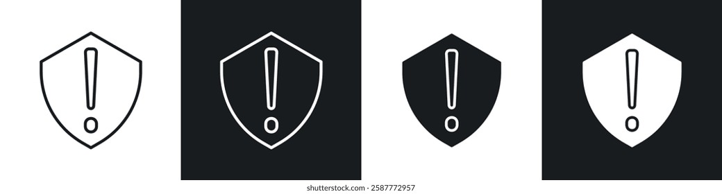 Shield exclamation icon set black and white colors. Graphic Vector icons pack