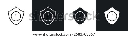 Shield exclamation icons collection in black and white filled and line versions