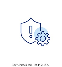 Shield, exclamation mark and cogwheel. Security alert settings, risk management configuration, system protection controls, threat response setup, cybersecurity monitoring. Pixel perfect, editable stro