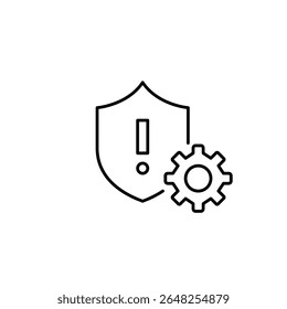 Shield, exclamation mark and cogwheel. Security alert settings, risk management configuration, system protection controls, threat response setup, cybersecurity monitoring. Pixel perfect, editable stro