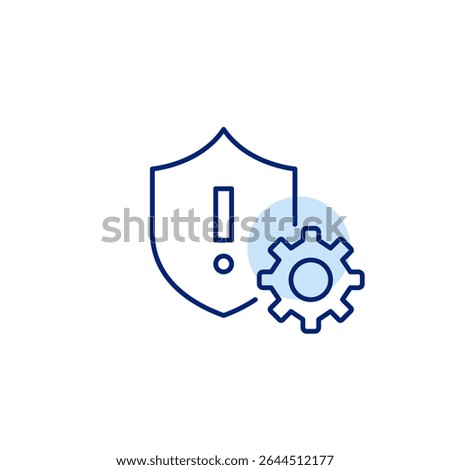 Shield, exclamation mark and cogwheel. Security alert settings, risk management configuration, system protection controls, threat response setup, cybersecurity monitoring. Pixel perfect, editable stro