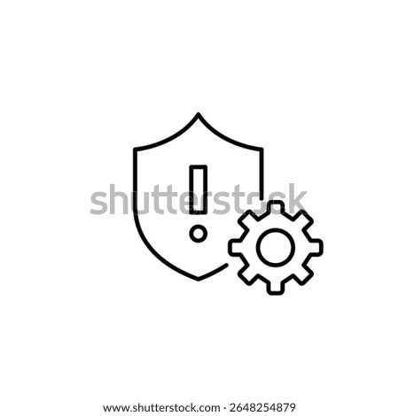 Shield, exclamation mark and cogwheel. Security alert settings, risk management configuration, system protection controls, threat response setup, cybersecurity monitoring. Pixel perfect, editable stro