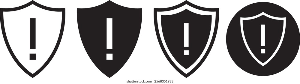 Shield exclamation mark icon set. Protect shield security symbol. Different style shields exclamation check mark icons. Safety or protection sign