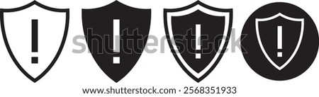 Shield exclamation mark icon set. Protect shield security symbol. Different style shields exclamation check mark icons. Safety or protection sign