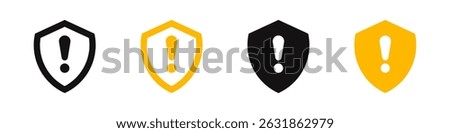 Shield exclamation mark icons set. Risk alert and attention symbol. Vector illustration.