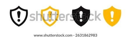 Shield exclamation mark icons set. Risk alert and attention symbol. Vector illustration.
