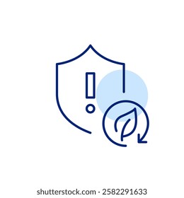 Shield, exclamation mark, leaf and recycling arrow. Environment protection hazard alert. Pixel perfect, editable stroke icon