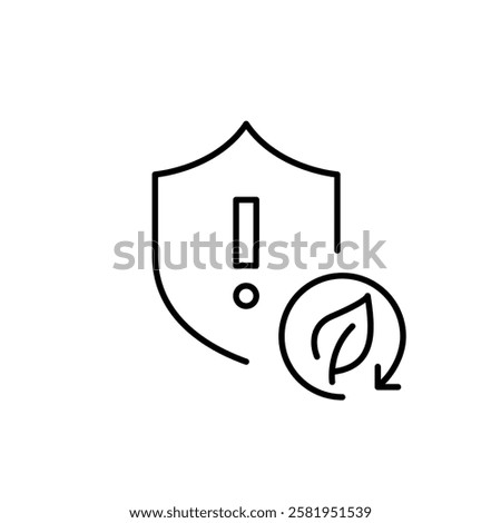 Shield, exclamation mark, leaf and recycling arrow. Environment protection hazard alert. Pixel perfect vector icon