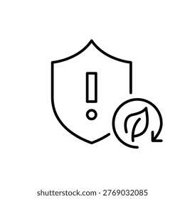 Shield, exclamation mark, leaf and renew arrow. Eco protection warning, green alert. Pixel perfect, editable stroke vector icon