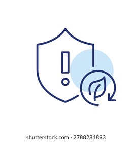 Shield, exclamation mark, leaf and renew arrow. Eco protection warning, green alert. Pixel perfect, editable stroke vector icon