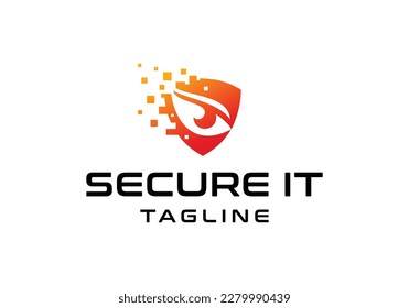 Shield with eyes for cyber tech security tracking logo design