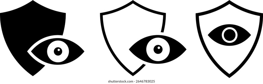 Shield with eyes icon set. privacy concept sign. protection and monitoring. surveillance privacy safety guard. audit technology observation
