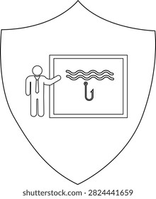 A shield features a stickfigure man pointing to a framed drawing of waves above a fishhook