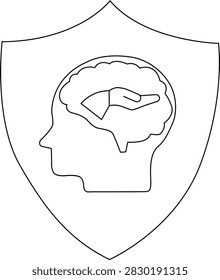 A shield featuring a brain with a hand inside, symbolizing protection of mental health and cognitive function, emphasizing safety and care.
