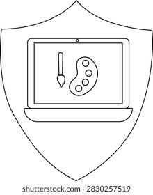 A shield featuring a laptop displaying a brush and palette, symbolizing digital art, creative tools, and security in the design process.