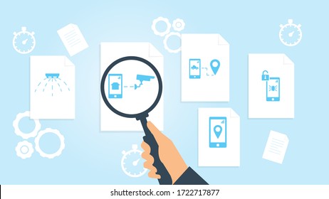 Shield file, document research vector illustration. Document with search icons. File and magnifying glass. Analytics research sign. Vector Illustration