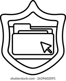 A shield with a file folder on it and a mouse cursor. The shield is black and white