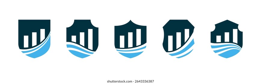 Shield finance vector illustration set. Shield and bar up icons and symbols.