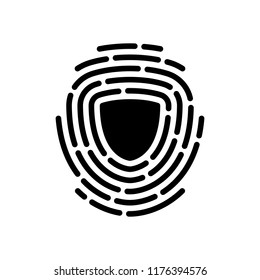 Shield in fingerprint. Logo of protect private id. Security icon. Black on white background