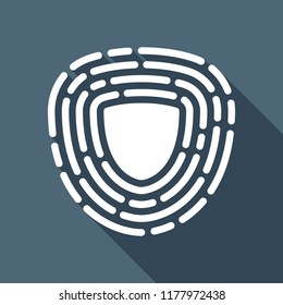 Shield in fingerprint. Logo of protect private id. Security icon. White flat icon with long shadow on background