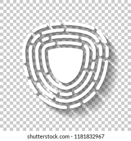 Shield in fingerprint. Logo of protect private id. Security icon. White icon with shadow on transparent background
