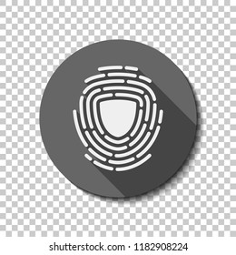 Shield in fingerprint. Logo of protect private id. Security icon. flat icon, long shadow, circle, transparent grid. Badge or sticker style