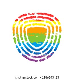 Shield in fingerprint. Logo of protect private id. Security icon. Drawing sign with LGBT style, seven colors of rainbow (red, orange, yellow, green, blue, indigo, violet