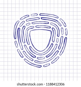 Shield in fingerprint. Logo of protect private id. Security icon. Hand drawn picture on paper sheet. Blue ink, outline sketch style. Doodle on checkered background