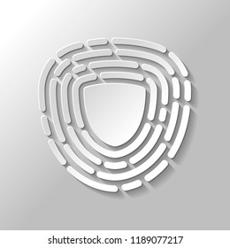 Shield in fingerprint. Logo of protect private id. Security icon. Paper style with shadow on gray background