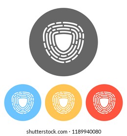 Shield in fingerprint. Logo of protect private id. Security icon. Set of white icons on colored circles