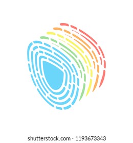 Shield in fingerprint. Logo of protect private id. Security icon. Stack of colorful isometric icons on white background