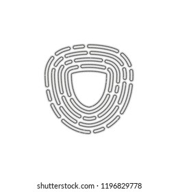 Shield in fingerprint. Logo of protect private id. Security icon. Dotted outline silhouette with shadow on white background
