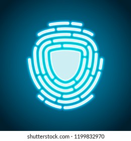 Shield in fingerprint. Logo of protect private id. Security icon. Neon style. Light decoration icon. Bright electric symbol