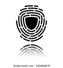 Shield in fingerprint. Logo of protect private id. Security icon. Black icon with mirror reflection on white background
