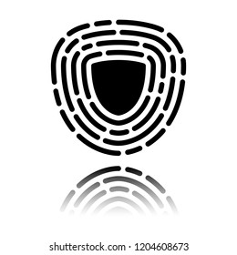 Shield in fingerprint. Logo of protect private id. Security icon. Black icon with mirror reflection on white background