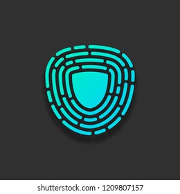 Shield in fingerprint. Logo of protect private id. Security icon. Colorful logo concept with soft shadow on dark background. Icon color of azure ocean