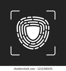Shield in fingerprint. Logo of protect private id. Security icon. White object in camera autofocus on dark background