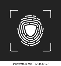 Shield in fingerprint. Logo of protect private id. Security icon. White object in camera autofocus on dark background