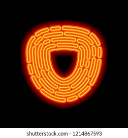 Shield in fingerprint. Logo of protect private id. Security icon. Orange neon style on black background. Light icon