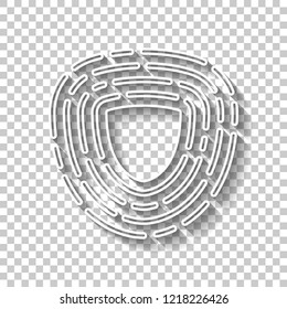 Shield in fingerprint. Logo of protect private id. Security icon. White outline sign with shadow on transparent background