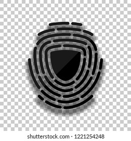 Shield in fingerprint. Logo of protect private id. Security icon. Black glass icon with soft shadow on transparent background
