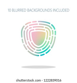 Shield in fingerprint. Logo of protect private id. Security icon. Colorful logo concept with simple shadow on white. 10 different blurred backgrounds included