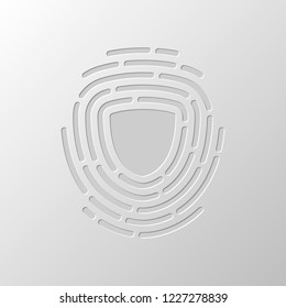 Shield in fingerprint. Logo of protect private id. Security icon. Paper design. Cutted symbol. Pitted style