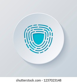 Shield in fingerprint. Logo of protect private id. Security icon. Cut circle with gray and blue layers. Paper style