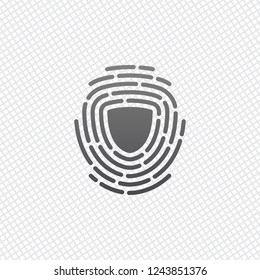 Shield in fingerprint. Logo of protect private id. Security icon. On grid background