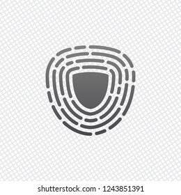 Shield in fingerprint. Logo of protect private id. Security icon. On grid background
