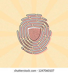 Shield in fingerprint. Logo of protect private id. Security icon. Vintage retro typography with offset printing effect. Dots poster with comics pop art background